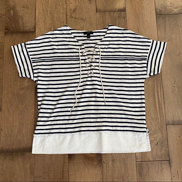 J. Crew Swingy Lace-up Sailor T-shirt Striped M Top Blouse Nautical Boat Lake - Picture 1 of 7